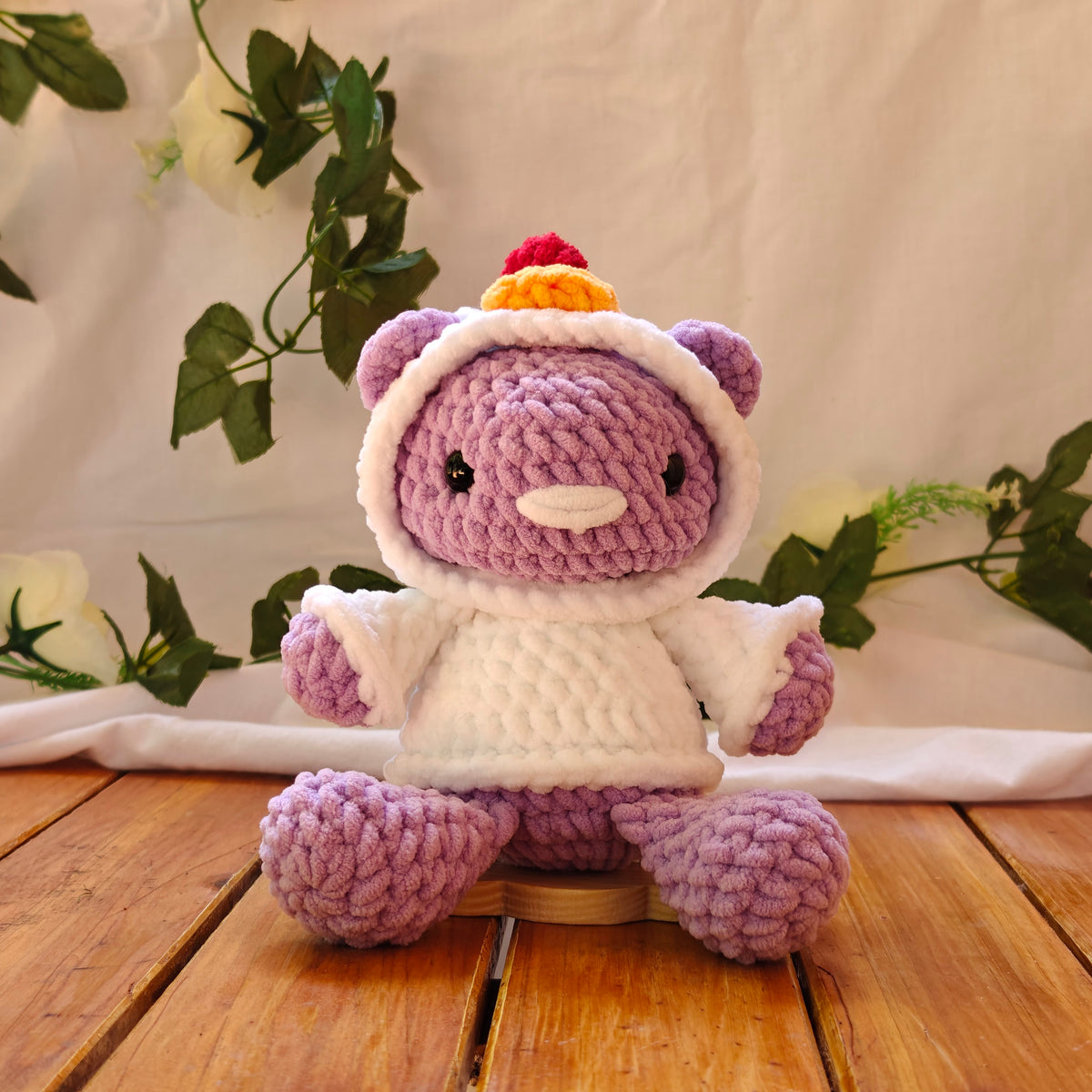 Crochet Bear Plush with Removable Chicken Hoodie
